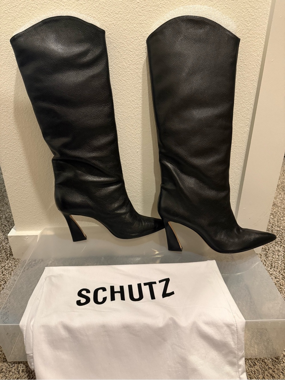 SCHUTZ Black Pointed Toe Leather Boots